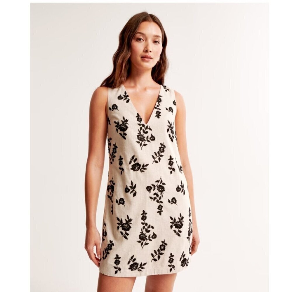 Abercrombie & Fitch Gray Floral Embroidered Linen Blend V Neck Mini Dress XLP